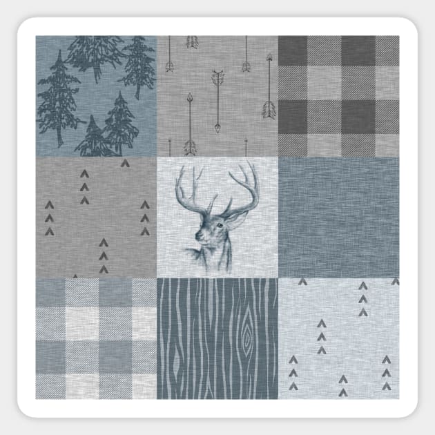 Deer Patchwork - Rustic Blue And grey Sticker by SugarPineDesign